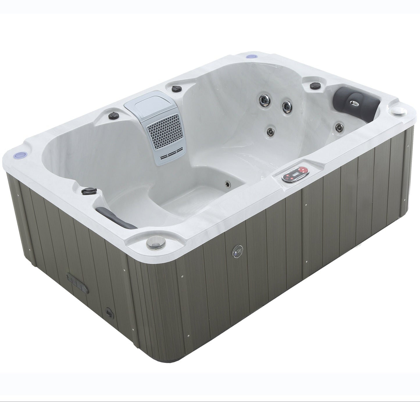 Hot tub with gray exterior and white interior on a white background