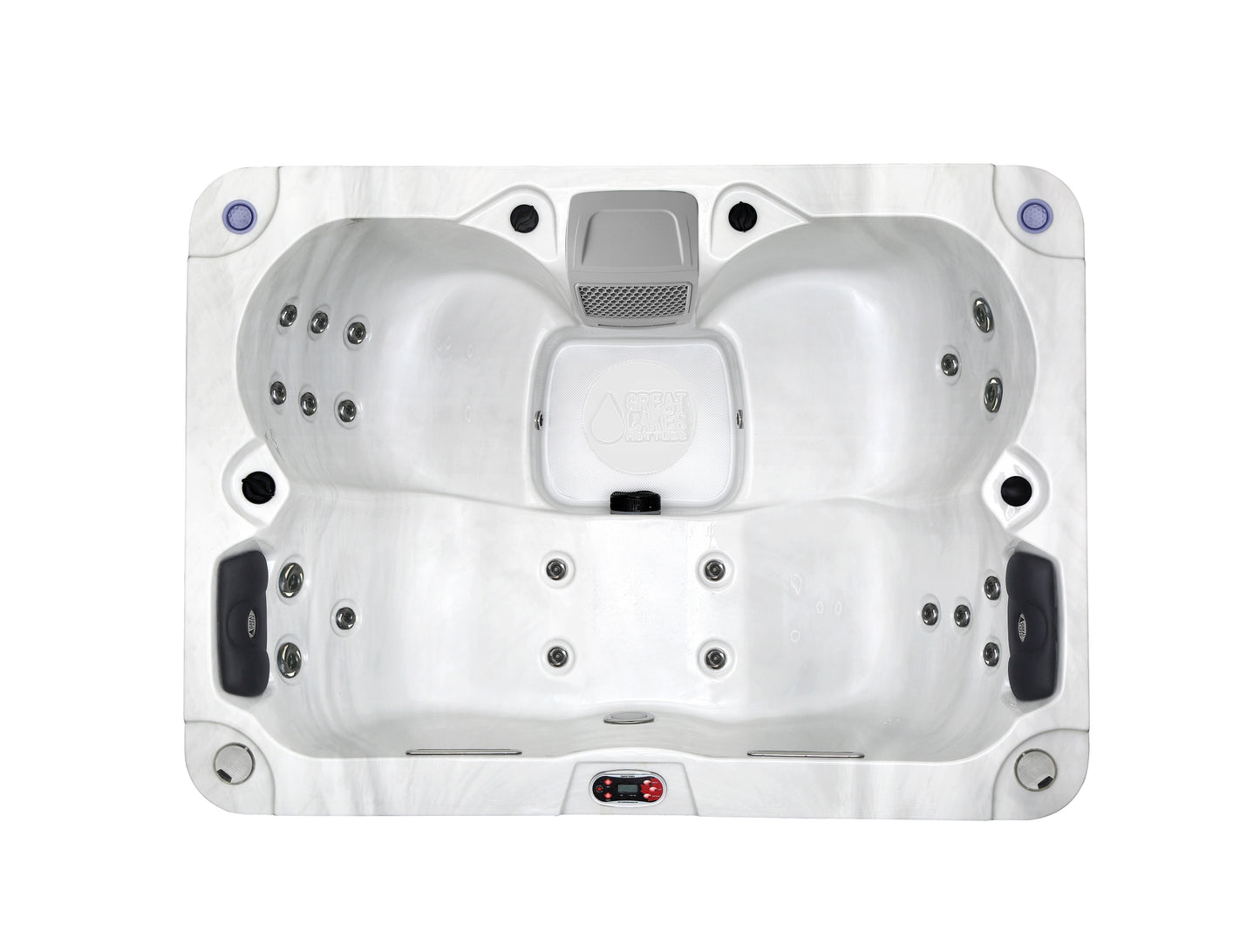 Top view of a hot tub with multiple jets on a white background