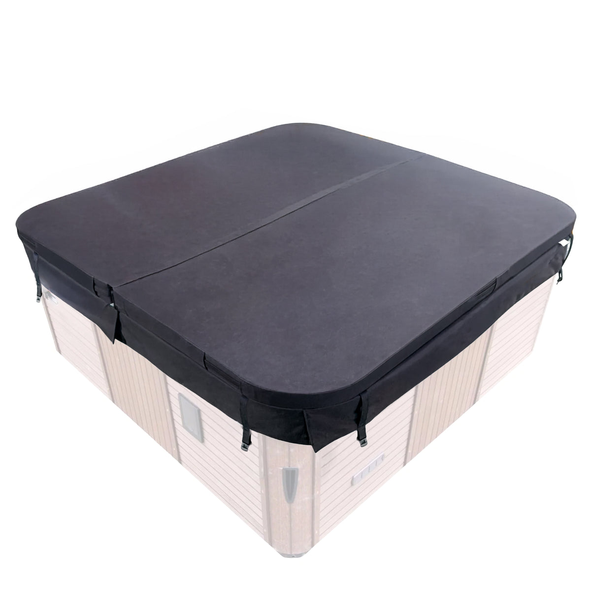 A black vinyl hot tub cover with black straps and grommets, shown partially pulled off a light beige plastic hot tub on a white background.