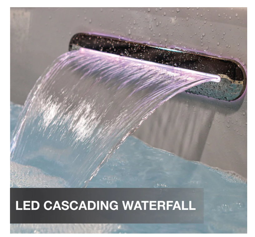 LED cascading waterfall feature with water flowing over a blue surface