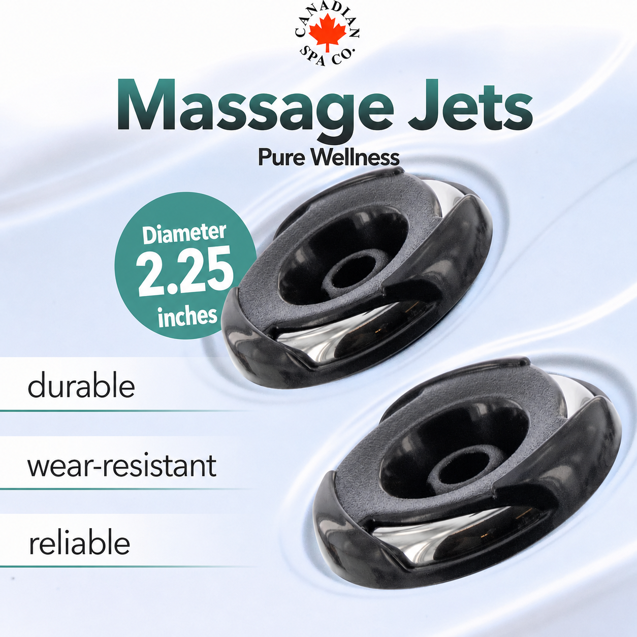 Two black massage jet nozzles shown on a white spa tub surface with promotional text reading 'Massage Jets', 'Pure Wellness', 'Diameter 2.25 inches', and 'durable wear-resistant reliable'.