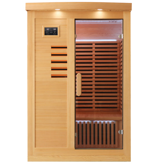 Wooden sauna with glass door on a white background