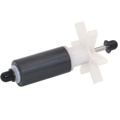 Mechanical component with a white propeller-like blade and black cylindrical body on a white background