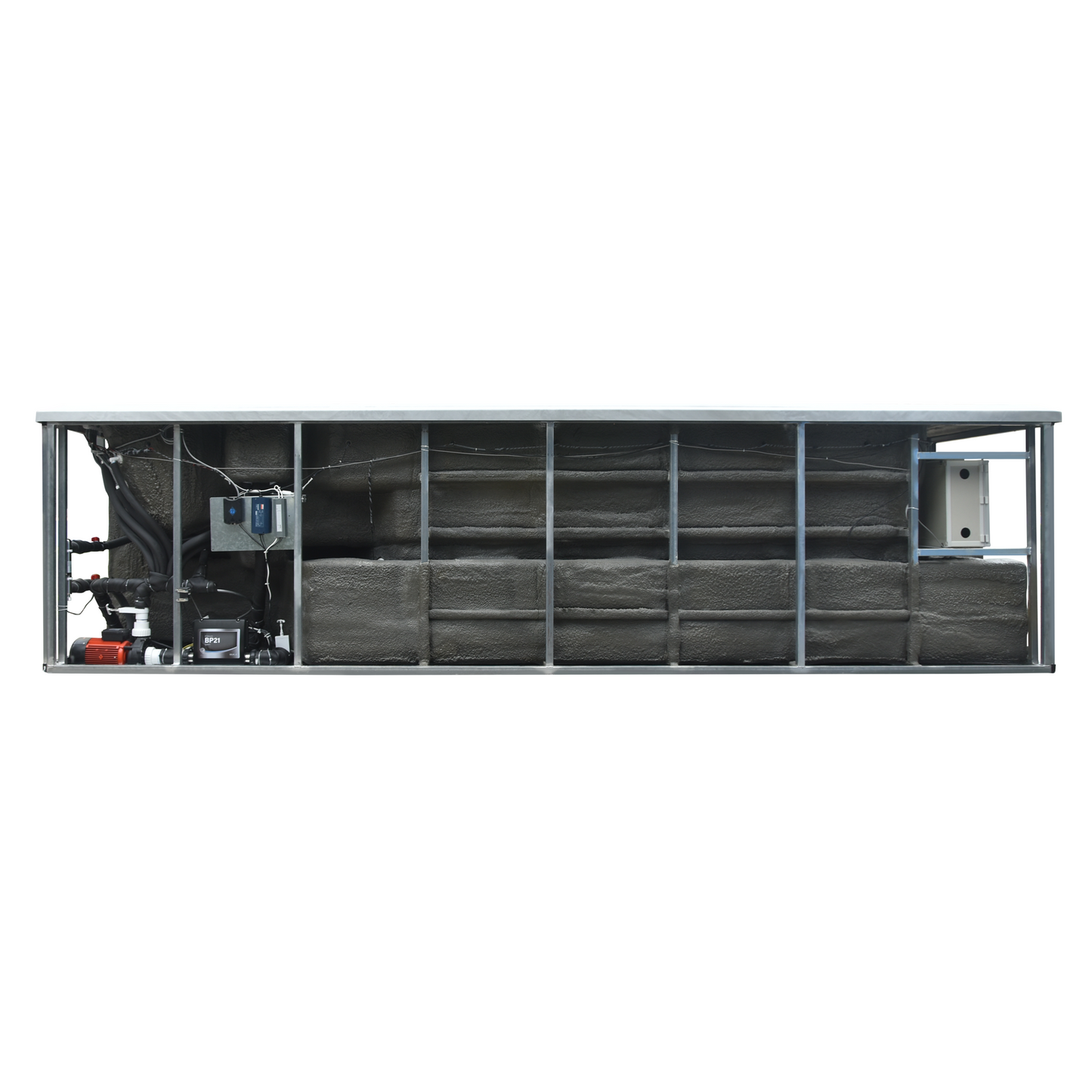 Long rectangular metal structure with shelves on a white background