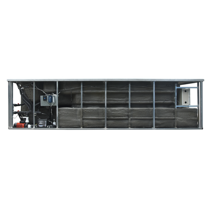 Long rectangular metal structure with shelves on a white background