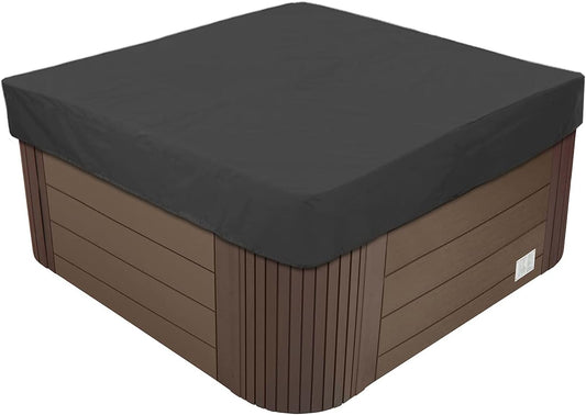 A dark charcoal gray hot tub cover fitted over a brown hot tub with vertical siding, shown on a plain white background.