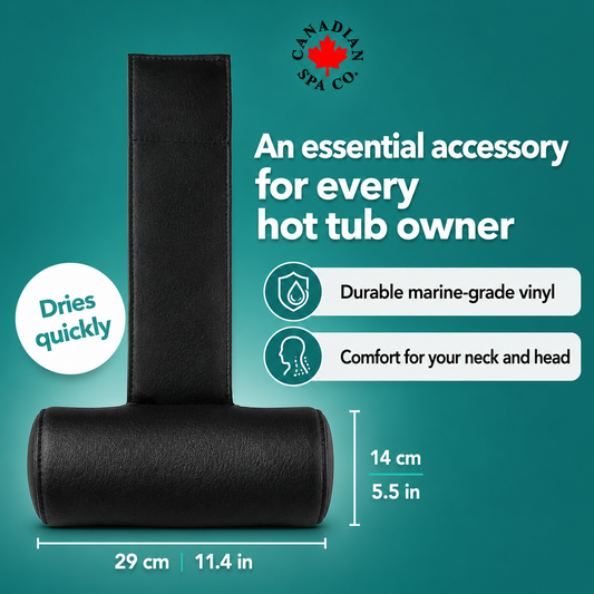Black neck pillow with Canadian Spa Co. branding on a teal background