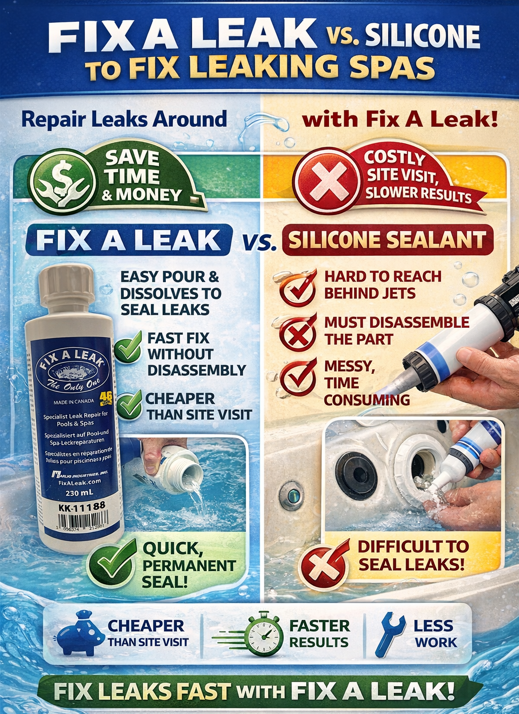 Comparison advertisement between Fix A Leak and silicone sealant for repairing leaking spas.