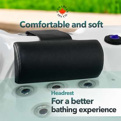 Black headrest on a hot tub with text about comfort and a brand logo.