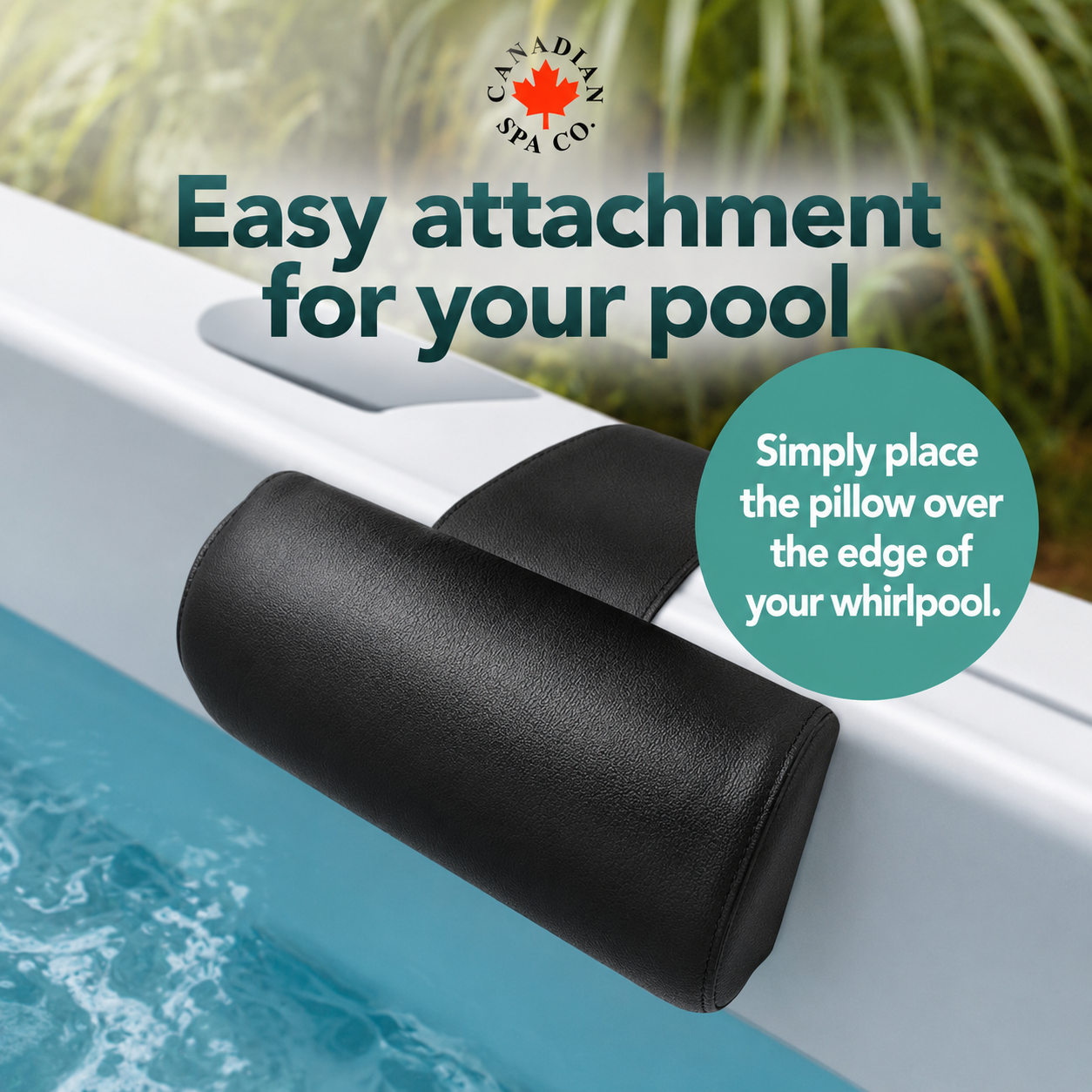 Black pillow attachment for a pool with text and Canadian Spa Co logo.