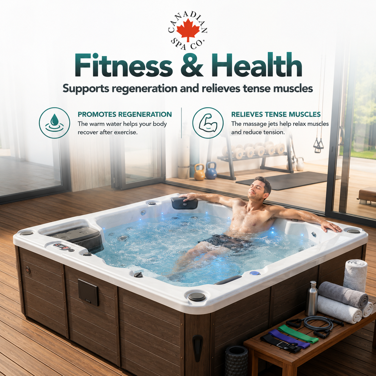 Man relaxing in a hot tub with Canadian Spa Co branding, promoting fitness and health benefits.