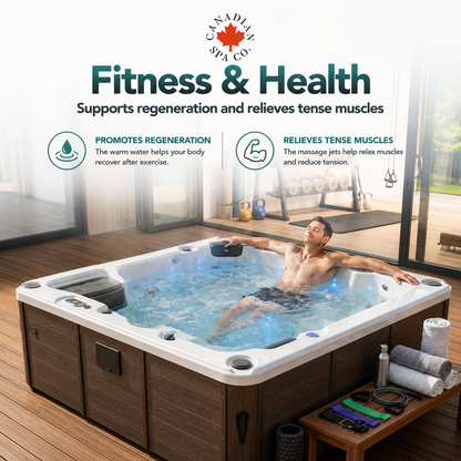 Man relaxing in a hot tub with Canadian Spa Co branding, promoting fitness and health benefits.