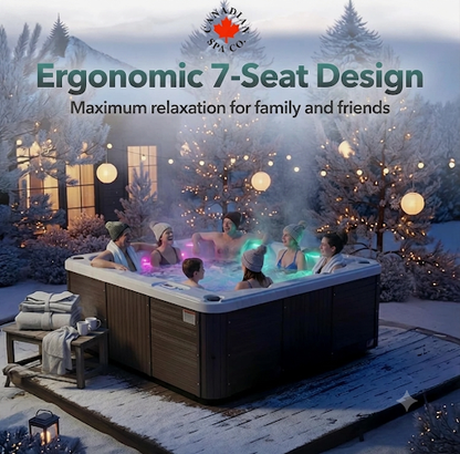 Family and friends enjoying a hot tub in a snowy outdoor setting with decorative lights.