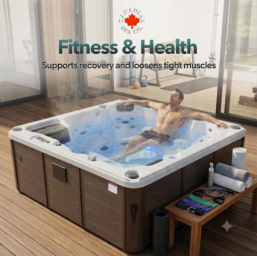 Man relaxing in a hot tub with 'Canadian Spa Co.' branding and text about fitness and health benefits.
