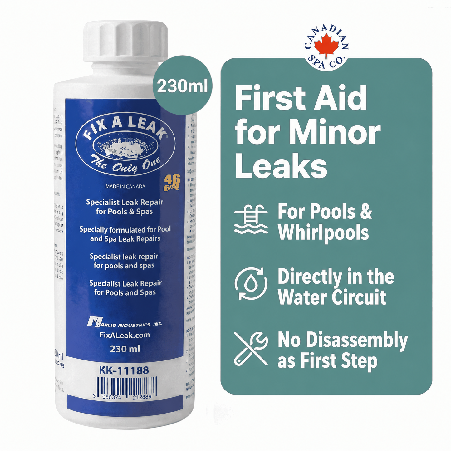 Bottle of 'Fix A Leak' pool repair solution with product details on a white background