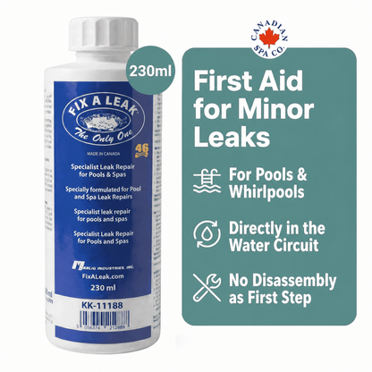 Bottle of 'Fix A Leak' pool repair solution with product details on a white background