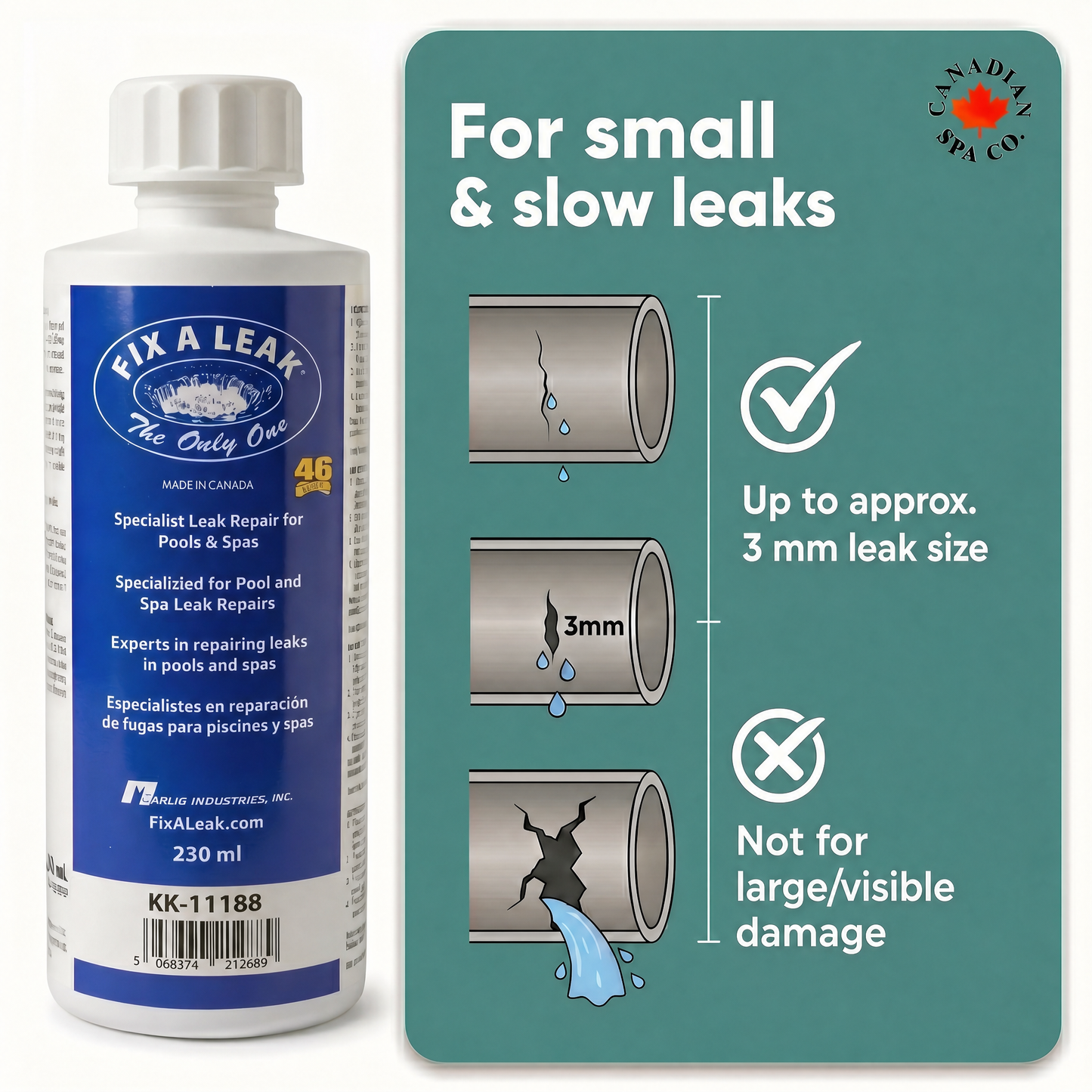 Fix A Leak bottle with product description and usage instructions on a green background