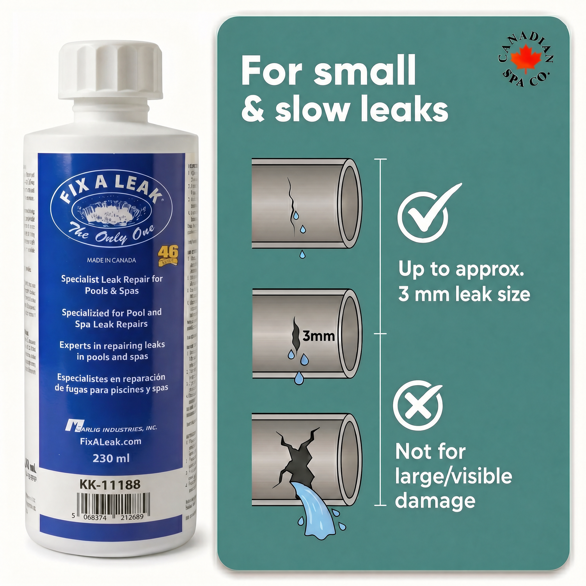 Fix A Leak bottle with product description and usage instructions on a green background