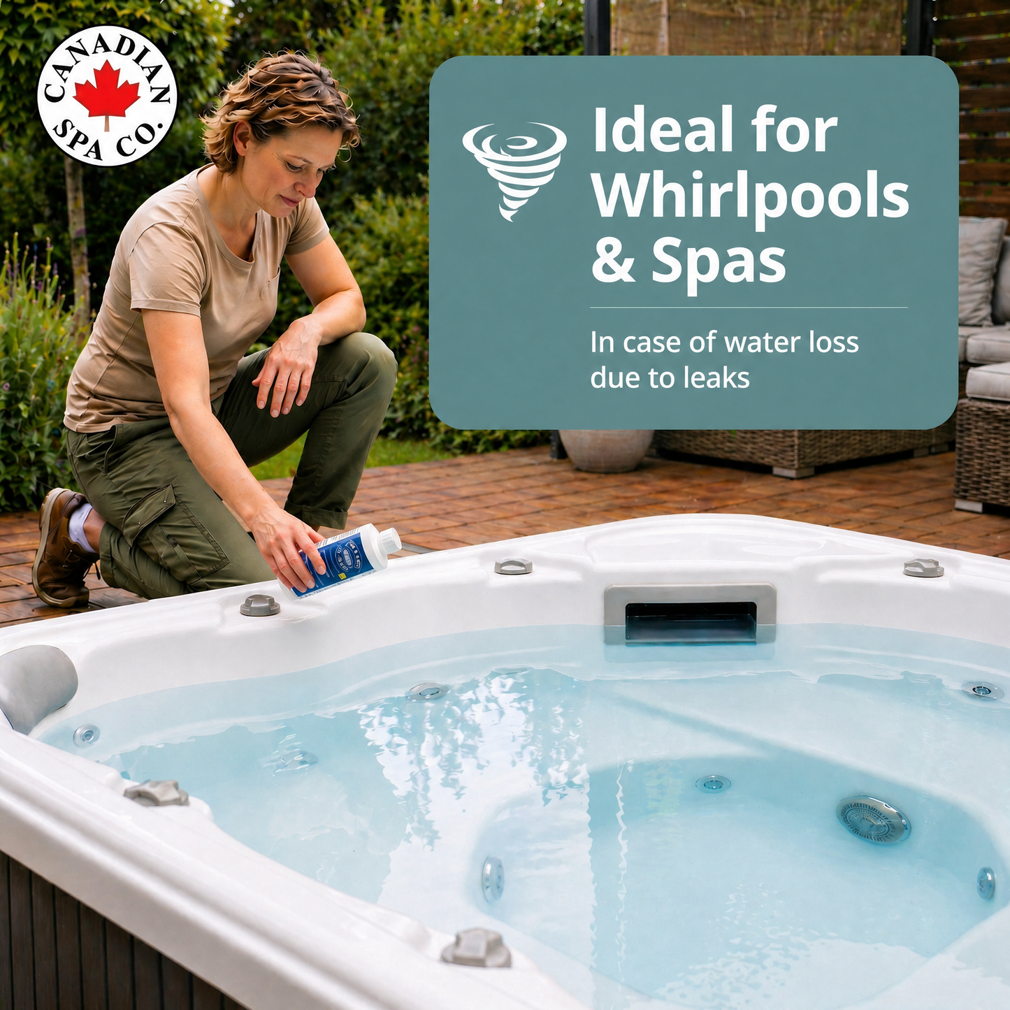 Person adding a product to a hot tub with text about whirlpools and spas.