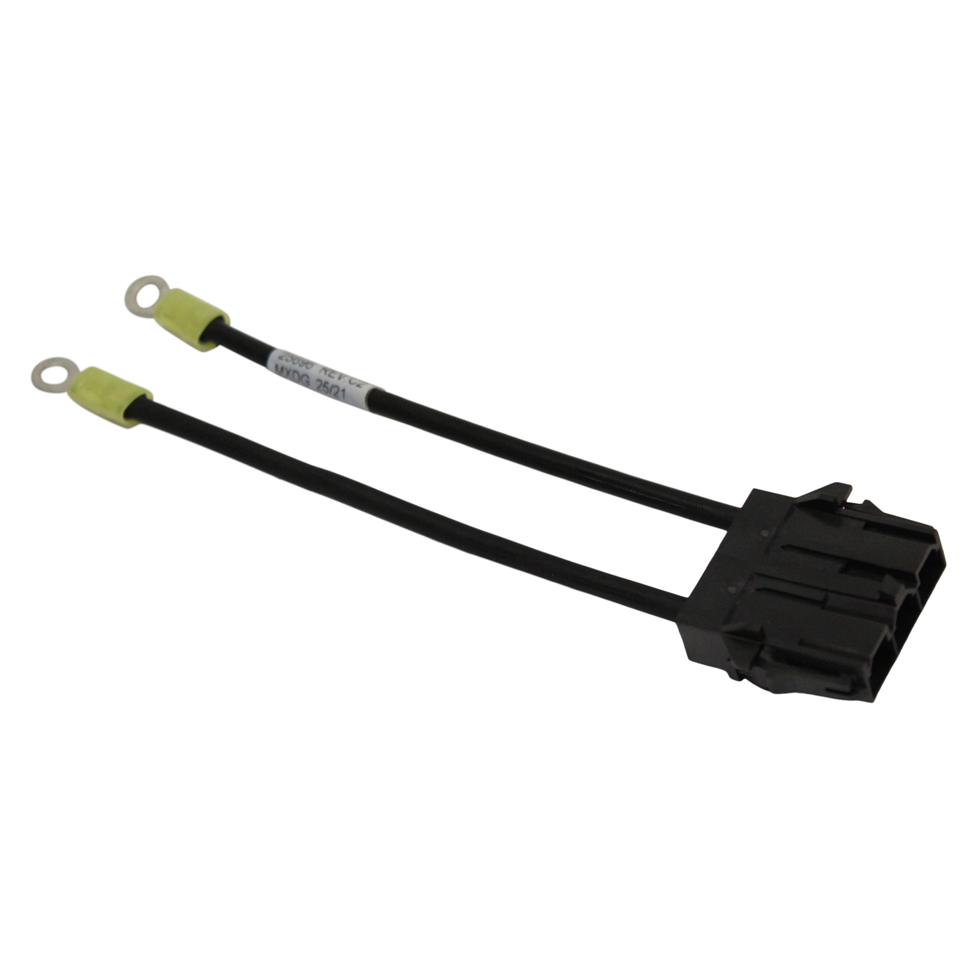 Black electrical connector with two green wires on a white background