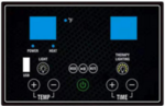 Control panel with multiple buttons and displays on a black background