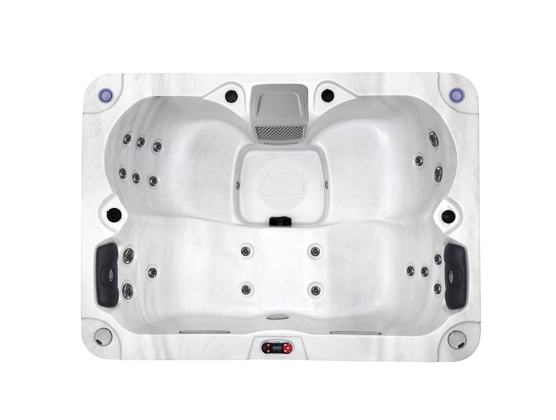 Top view of a hot tub with multiple jets on a white background