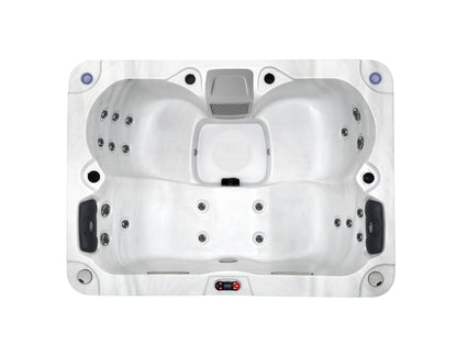 Top view of a hot tub with multiple jets on a white background
