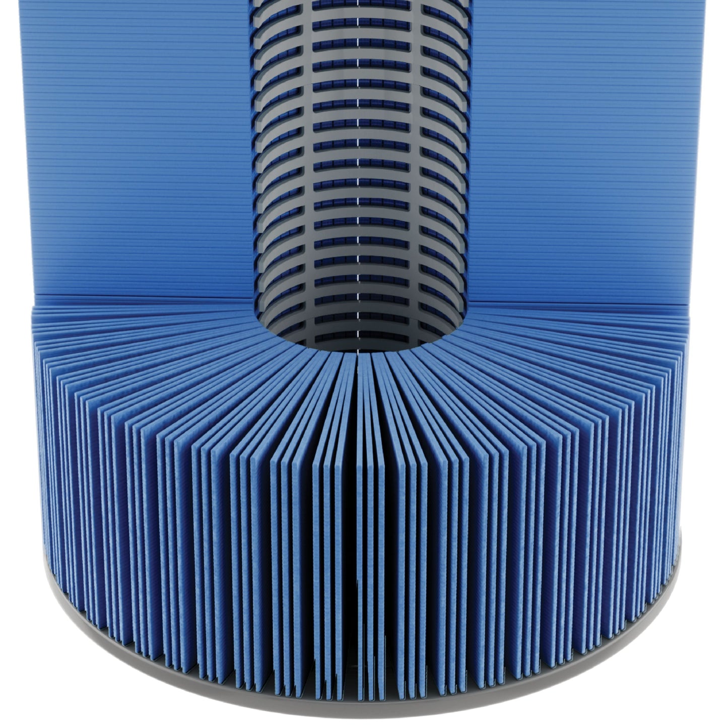 Blue air filter with gray top and bottom on a white background
