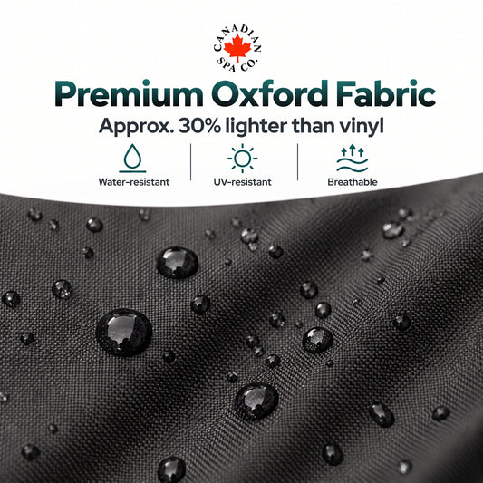 Black premium Oxford fabric with water droplets on a white background, featuring text and icons indicating water-resistant, UV-resistant, and breathable qualities from Canada Spa Co.