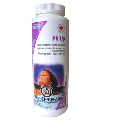 Bottle of pH Up product with a purple label on a white background