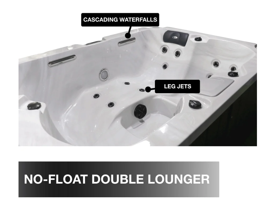 Hot tub with features labeled on a white background
