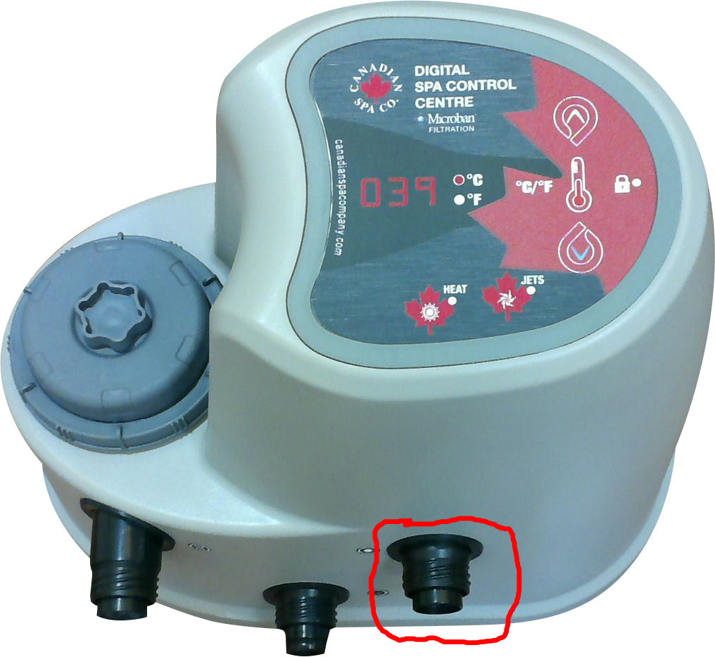 Digital spa control center with display and buttons on a white background