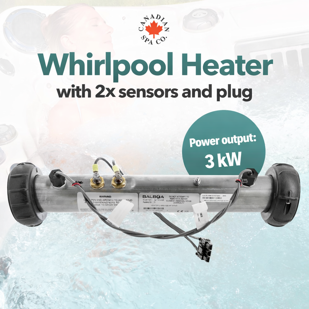 Whirlpool heater 3kw with 2x sensors and plug, featuring Canadian Spa Co. branding.