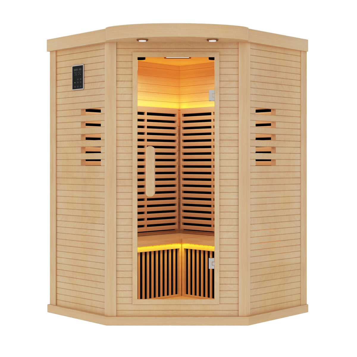 Wooden sauna with interior lights on a white background