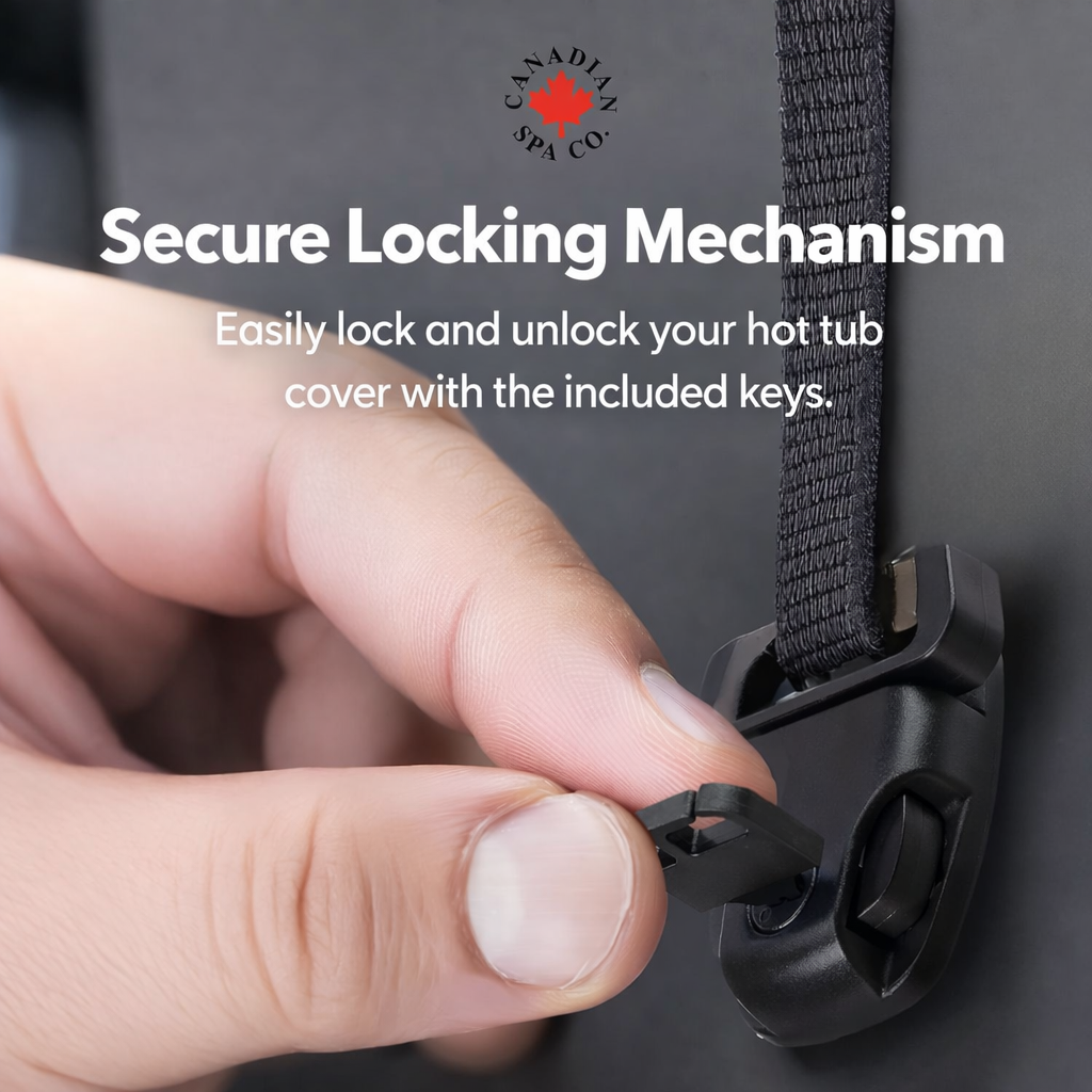 Hand using a secure locking mechanism on a hot tub cover with Canadian Spa Co. branding.