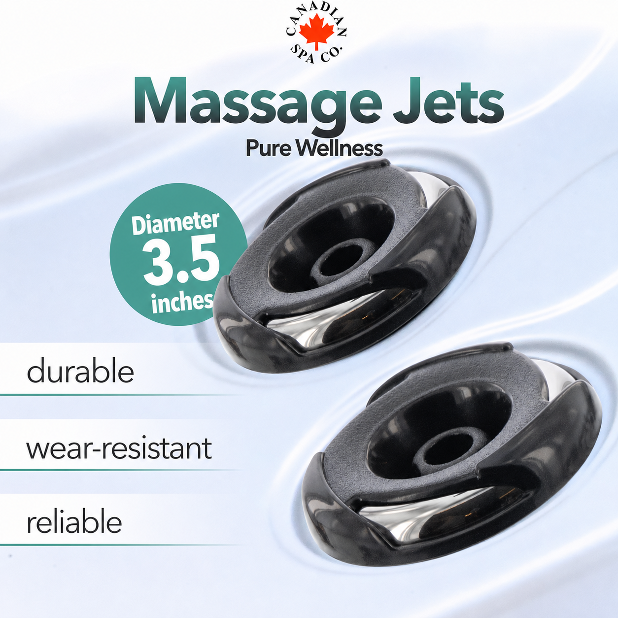 Two black massage jet nozzles shown on a white spa tub surface with marketing text including 'Massage Jets', 'Pure Wellness', 'Diameter 3.5 inches', and feature callouts like 'durable', 'wear-resistant', and 'reliable'.