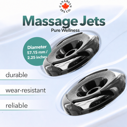 Two black oval massage jet nozzles shown on a light blue-white background with text reading 'Massage Jets', 'Pure Wellness', 'Diameter 57.15 mm / 2.
