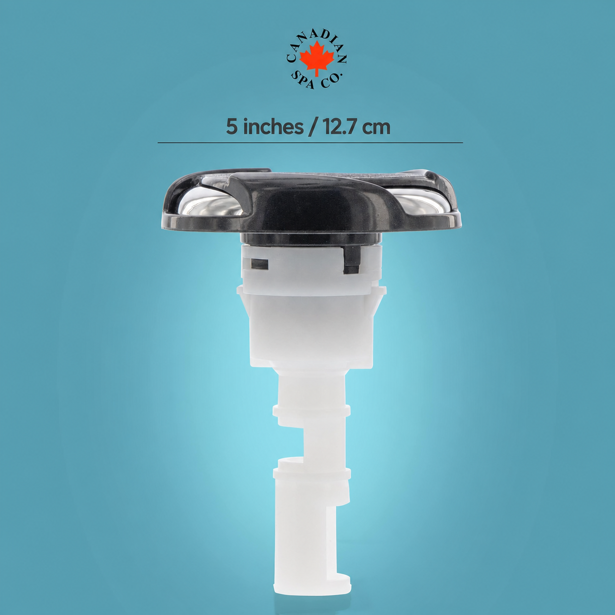 A 5-inch plastic spa drain assembly with a black top cap and translucent white body, shown against a blue gradient background with a Canadian Spa Co logo and size text above.