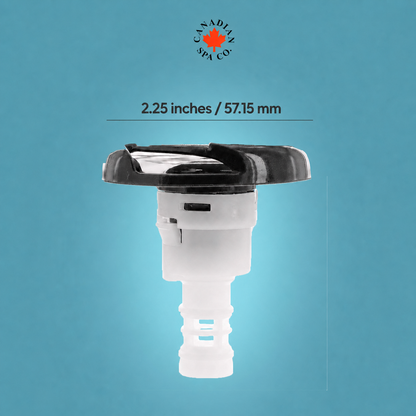A white and black spa faucet aerator or diffuser shown on a blue gradient background, with text indicating a size of 2.25 inches / 57.