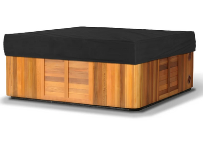 A square wooden hot tub or spa covered with a black protective outdoor cover, shown on a plain white background.