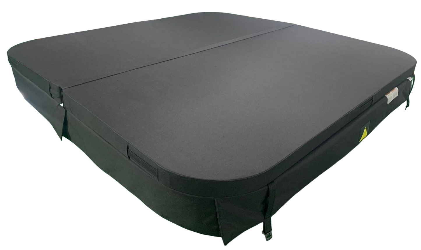 A black outdoor hot tub cover shown from an elevated angle on a plain white background.