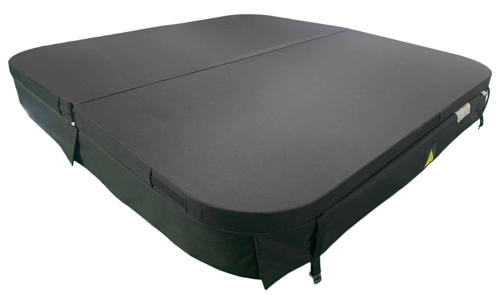 A black outdoor hot tub cover shown from an elevated angle on a plain white background.