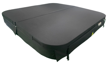 A black outdoor hot tub cover shown from an elevated angle on a plain white background.