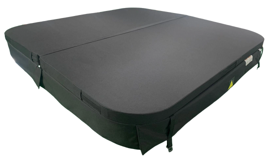 A black outdoor hot tub cover shown from an elevated angle on a plain white background.