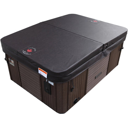 A brown replacement cover for a hot tub, displayed on a hot tub base.